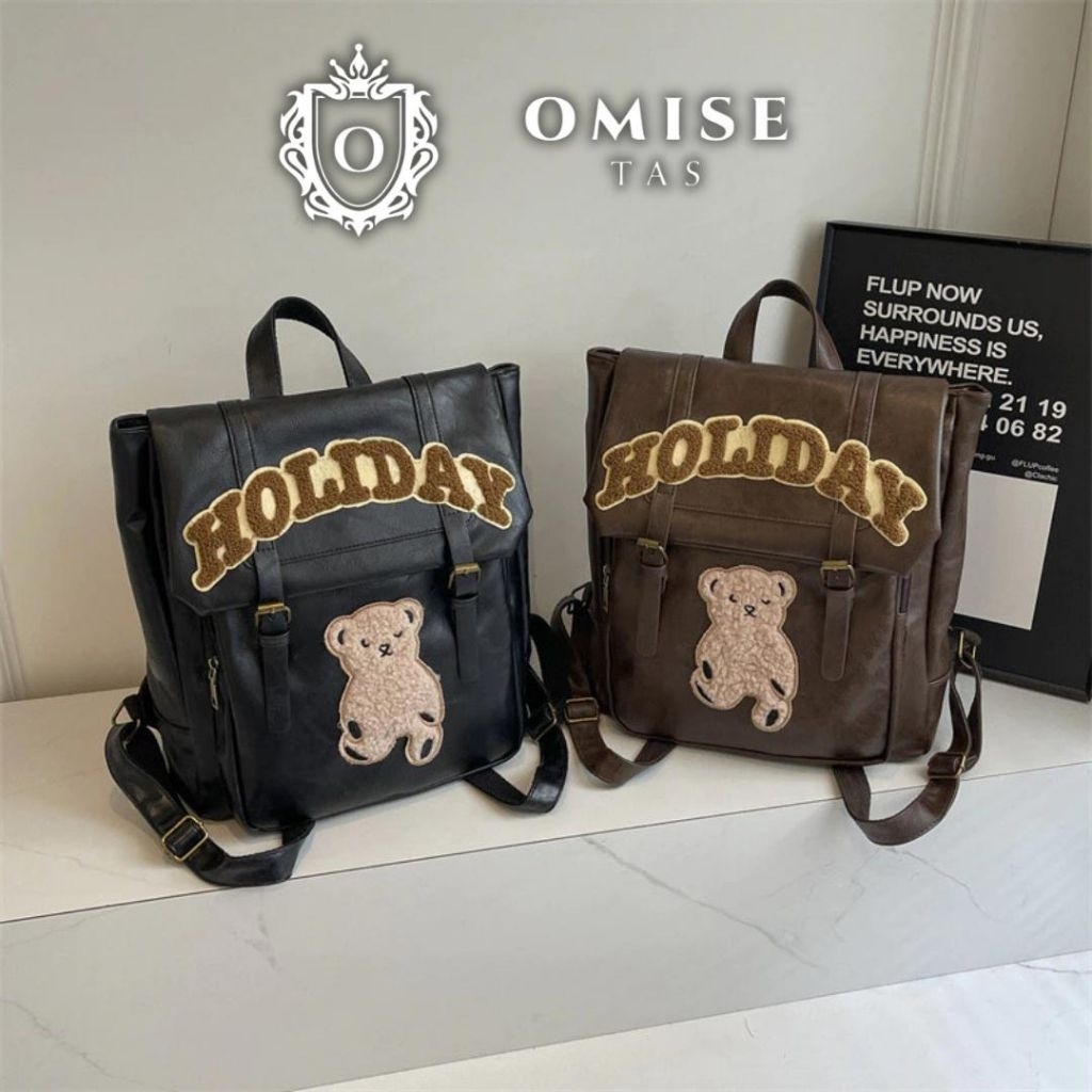 OMISE - Tas Ransel Kulit Patch Holiday Boneka Teddy Hitam Coklat