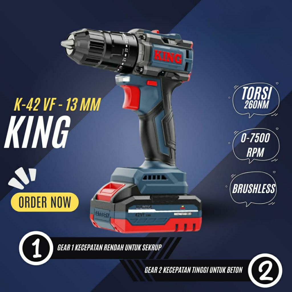 Bor Baterai KING 42Vf Brushless 13mm | Cordless Impact Drill Beton Besi Kayu 3 Mode Full Set LED New