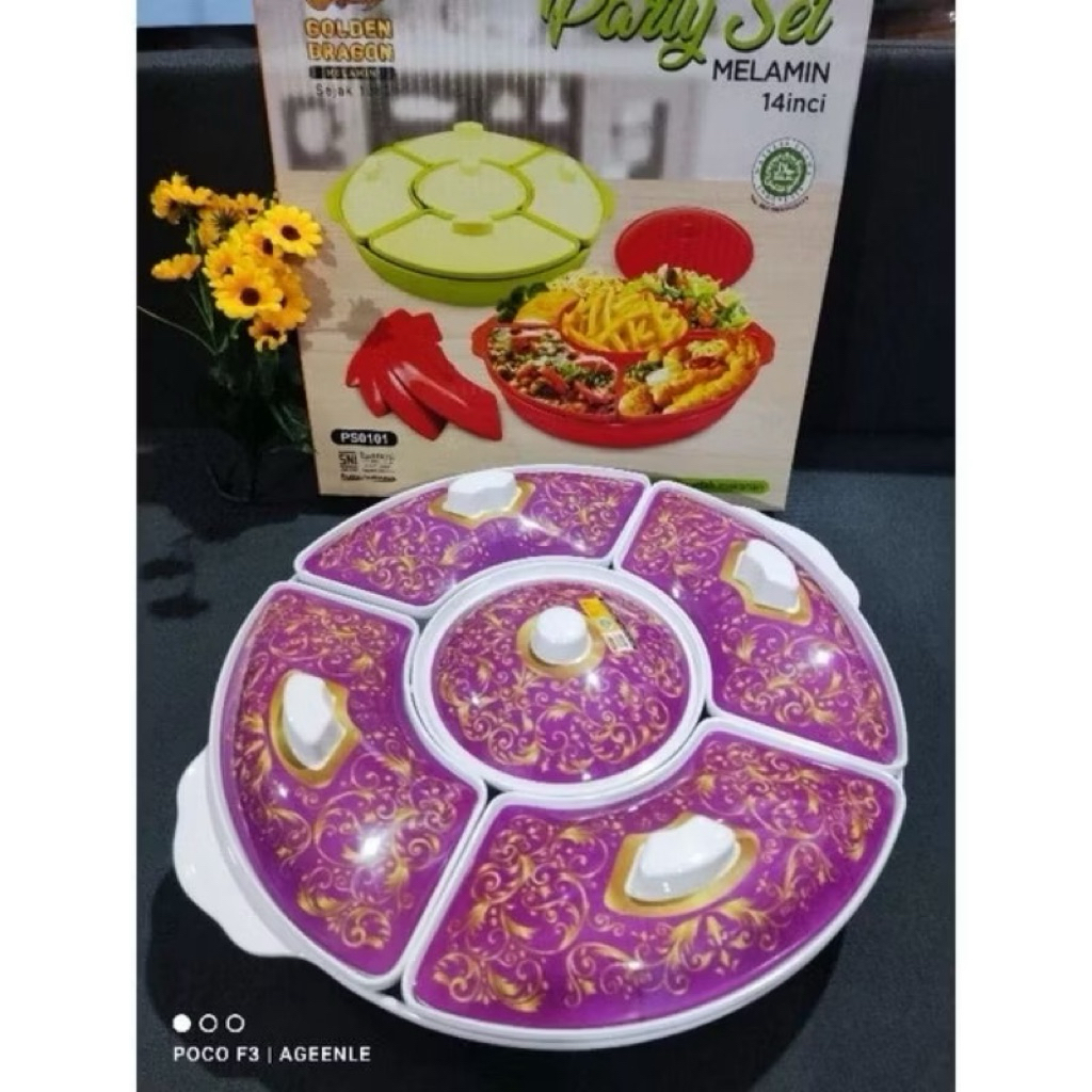Prasmanan Melamine Bunga  5 Sekat- Food Grade SNI/Partyset Motif 14inc Melamin Golden Dragon Melamin