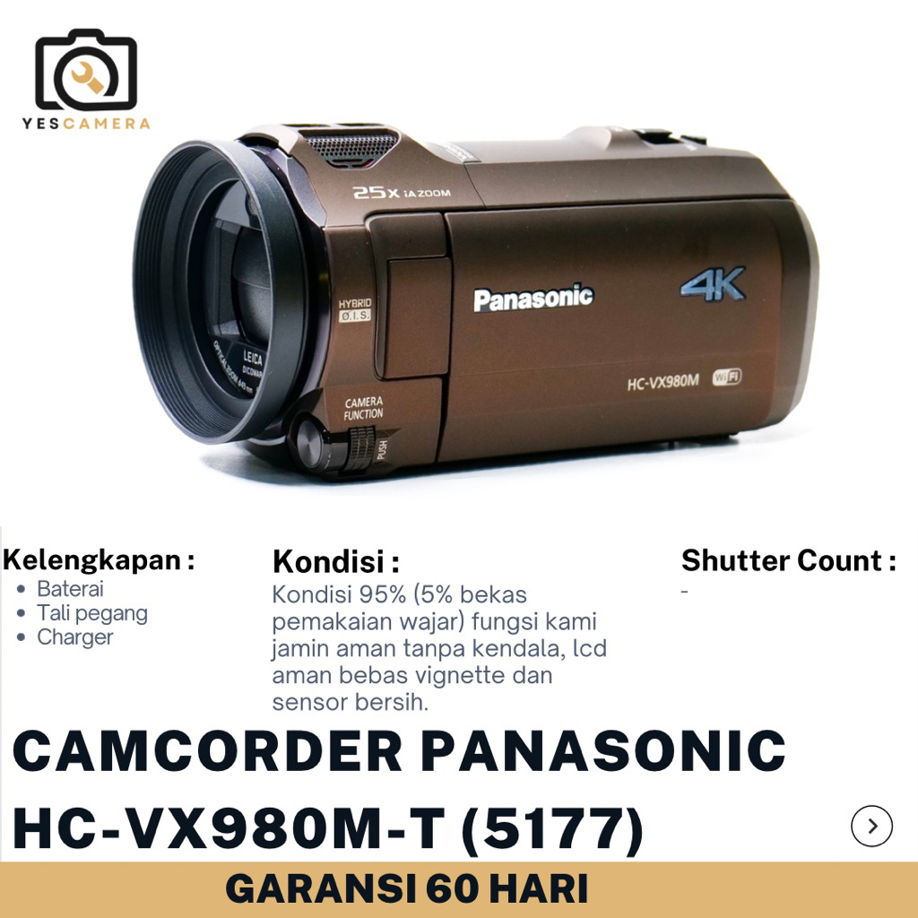 Camcorder Panasonic HC-VX980M (Bekas) - Video 4K Ultra HD, 18,91MP, Lensa Optik Zoom 20x, Touchscree