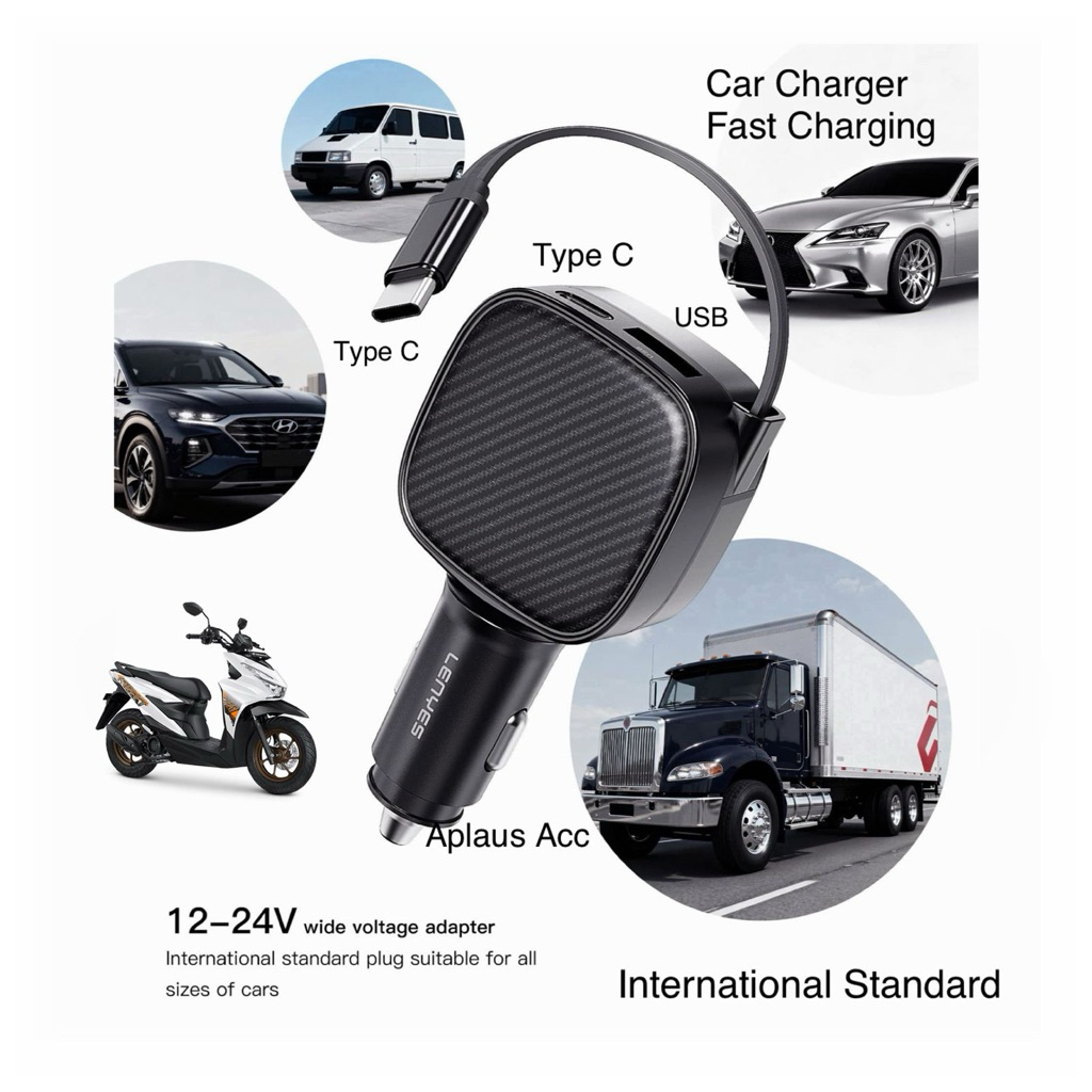 LENYES CA69 30W Car Charger HP Untuk Di Mobil Fast Charging Multi Port Built In Cable Type C