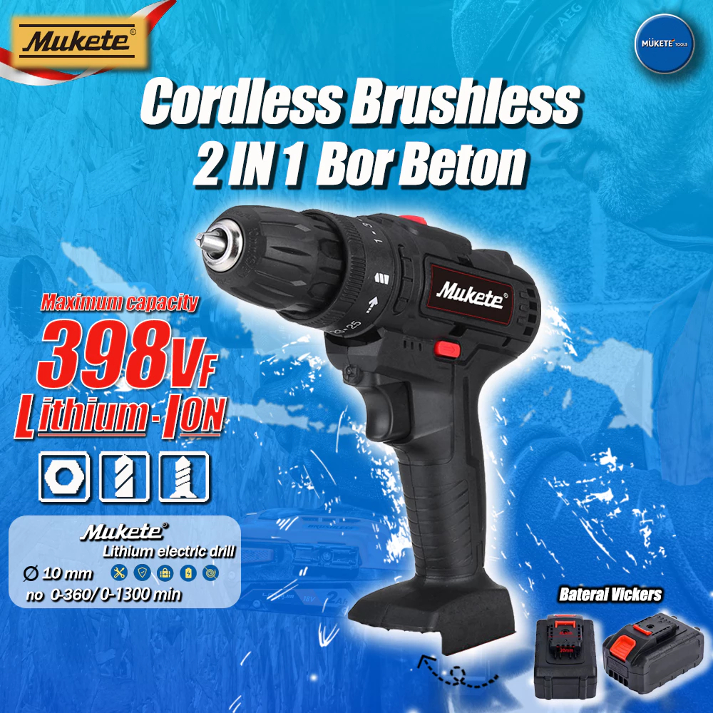 MUKETE Bor Impact 10mm Ukuran Baterai Cordless Besi Tembok Beton Kayu Mesin Bor Baterai