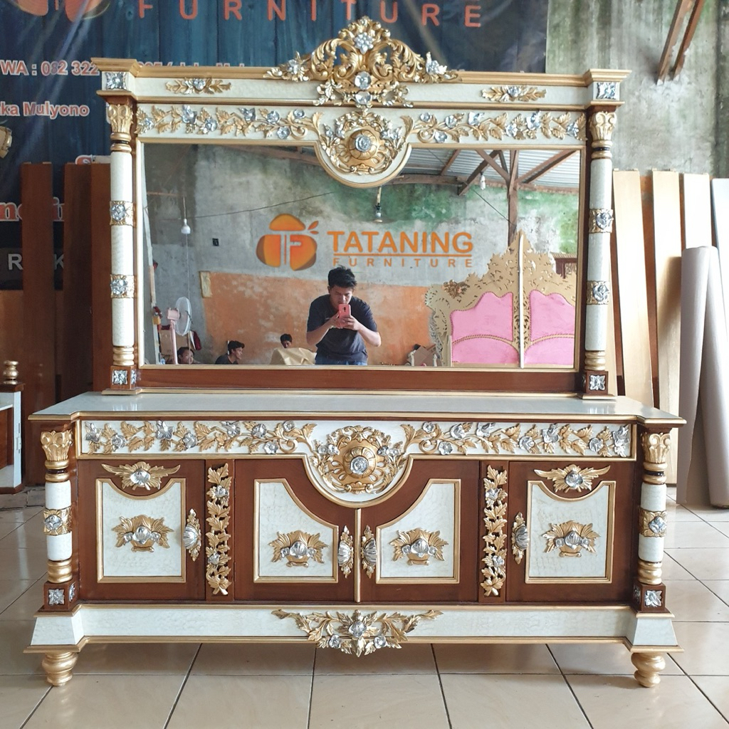 TV CABINET PILAR BUNGA 4 PINTU KAYU JATI FINISHING MEWAH ALMARI HIAS KACA LEMARI CANTIK BUFFET KABIN