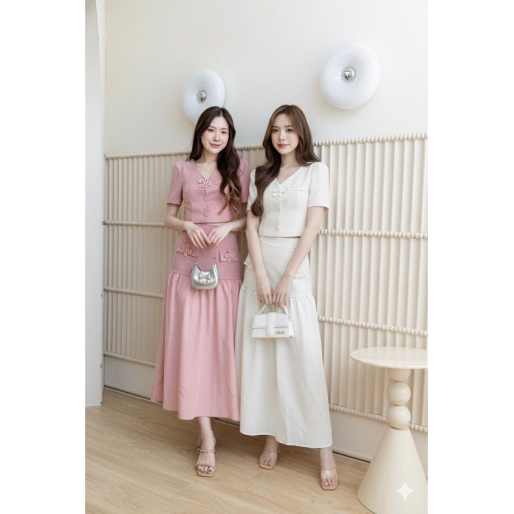 Eziora Set Tweed Korean Casual Blazer Long Skirt Basic Summer Pink Cream