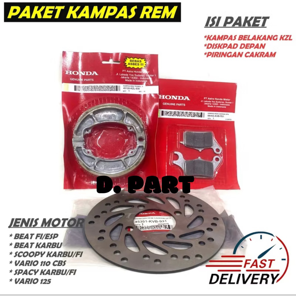 PAKET KAMPAS REM BELAKANG+DISPAD DEPAN+piring CAKRAM HONDA BEAT FI