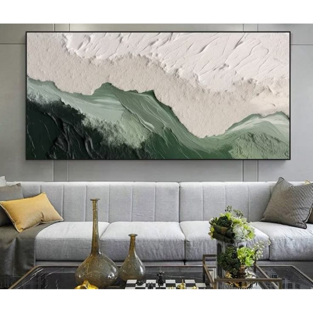Lukisan Abstrak 3D Warna Hijau Cream | Lukisan Pemandangan Alam | Hiasan Dinding Minimalis