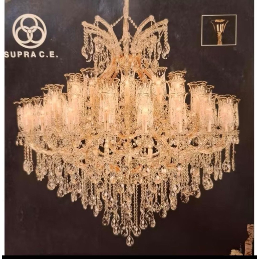 LAMPU GANTUNG HIAS KRISTAL KLASIK LILIN CEKO SEMPRONG 50 LAMPU GOLD & SILVER