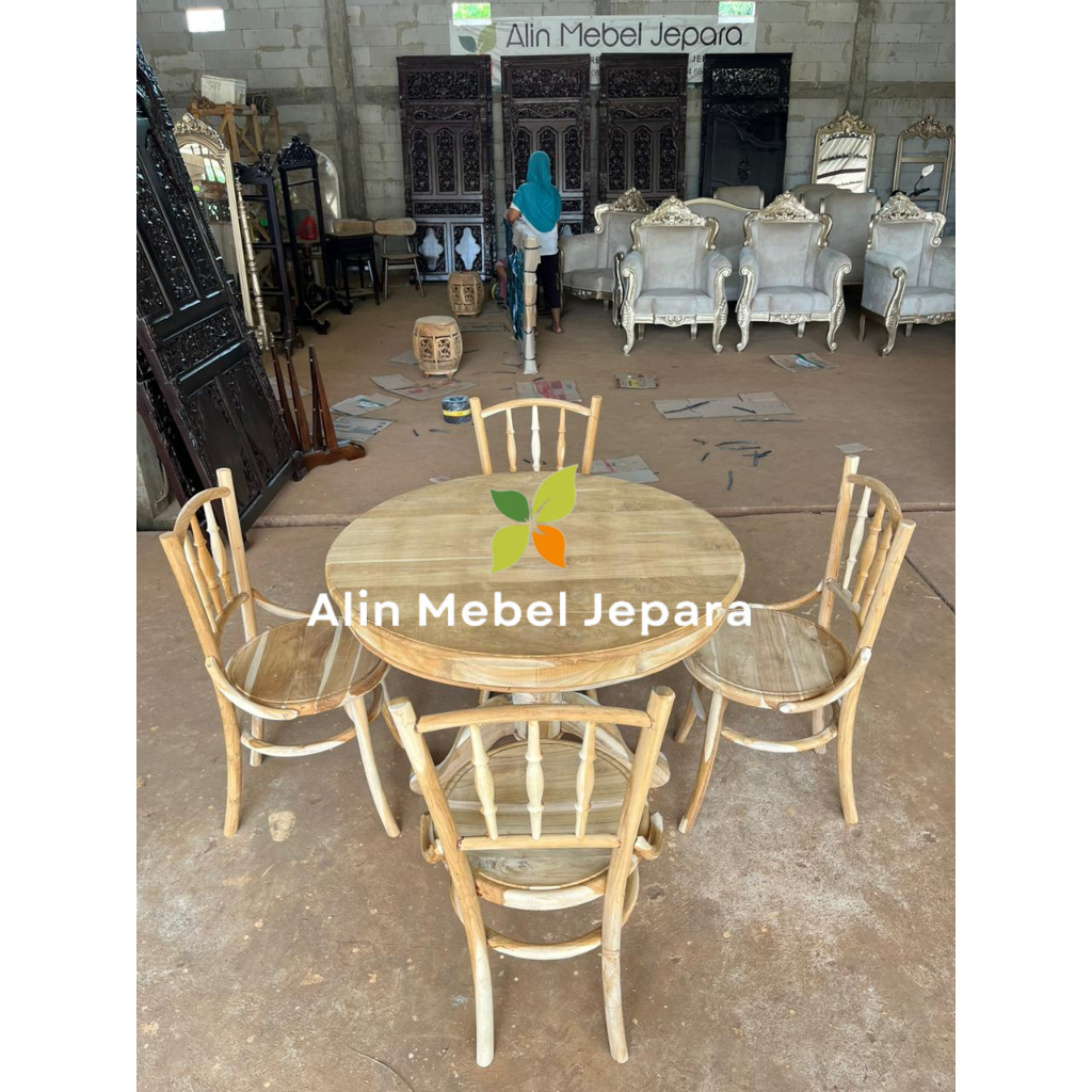 Set meja makan bulat besar, meja makan kayu jati, kursi loboy, set meja makan kursi loboy