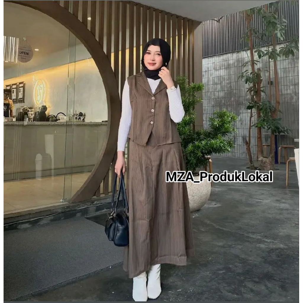 Bella Vest Set - Set Blazer Wanita - Vest Outer Set - Setelan Rok wanita Salur - Vest Strip Wanita P