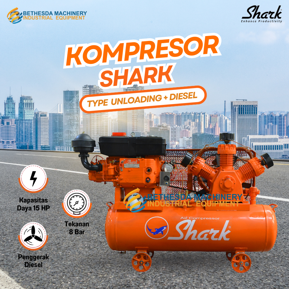 Shark Kompresor Angin 15 Hp Unloading Air Compressor Diesel 15Hp Shark 8 Bar