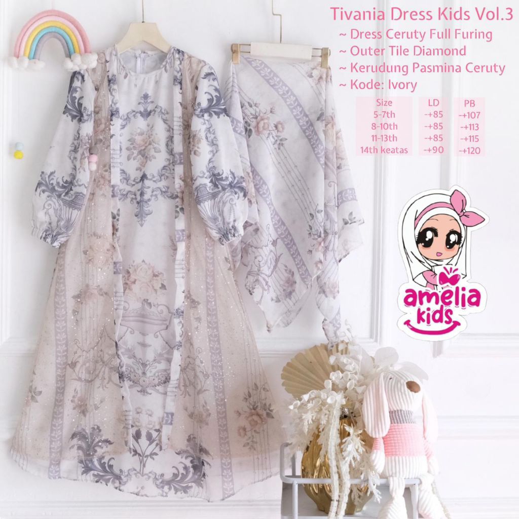 Amelia Kids - Setelan Gamis Hijab Pashmina Anak Tivania usia 5-17 tahun