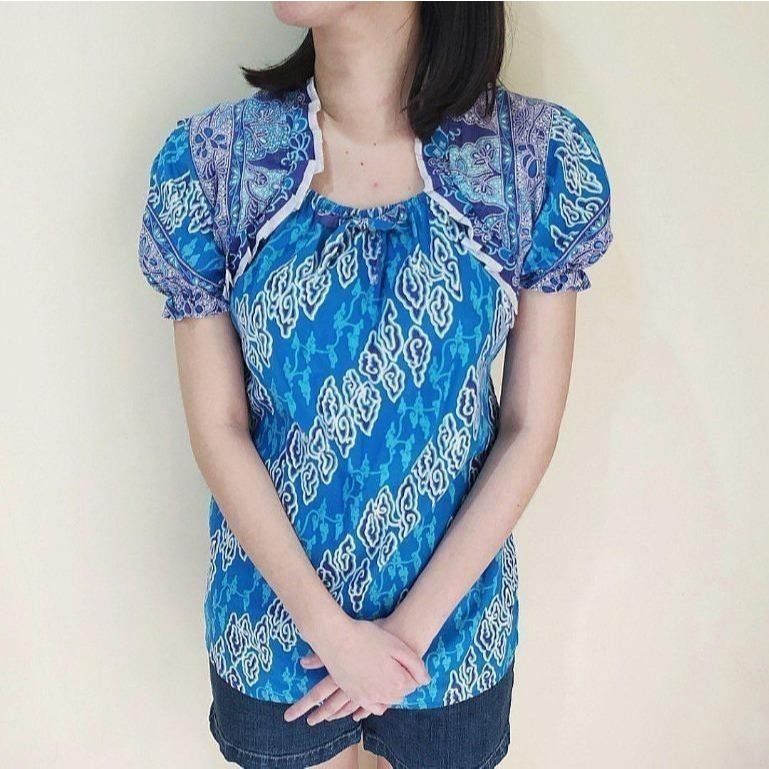 [New] Atasan Blouse Batik Wanita Mega Mendung Biru