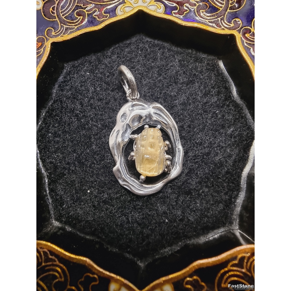 Liontin Silver 925 Batu Gold Rutile Quartz Ukiran PiXiu HQ 10mm F194