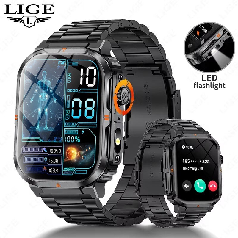 LIGE SmartWatch Multifungsi Senter LED Jam Tangan Olahraga Monitor Kesehatan Panggilan Bluetooth Jam