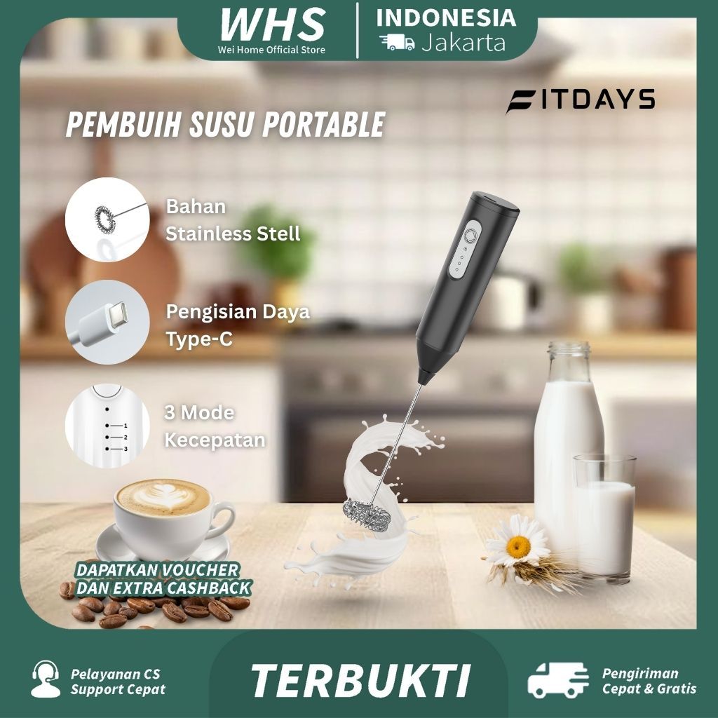 FITDAYS Milk Frother 3 Kecepatan Pengaduk Kopi Elektrik Pengaduk Matcha Pengaduk Minuman Elektrik Mi