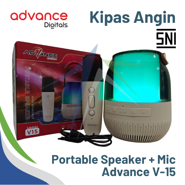 Speaker Bluetooth Portable ADVANCE + Mic V-15 PREMIUM dengan RGB Lighting, SNI