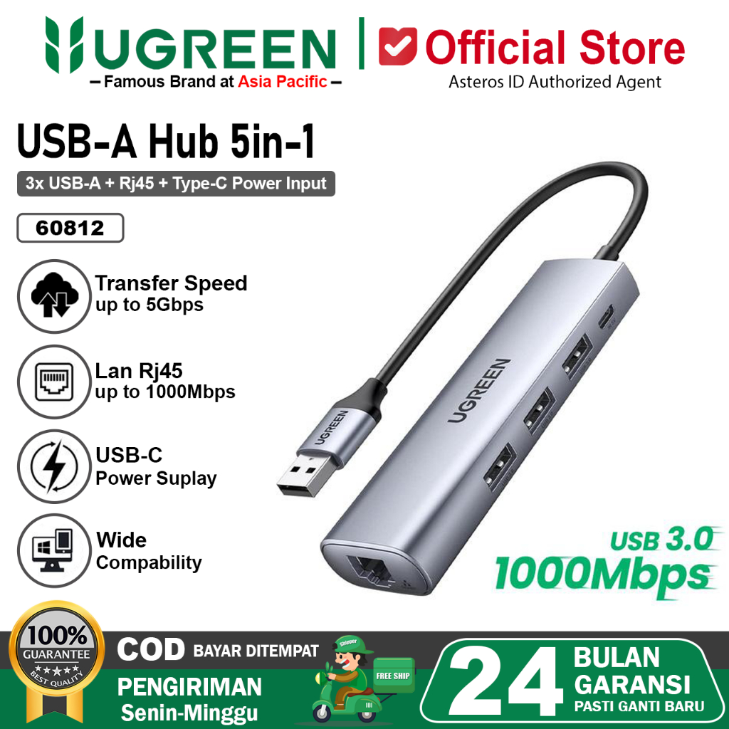 UGREEN Hub USB 3.0 4 Port With Lan RJ45 Gigabit Ethernet Adapter 60812