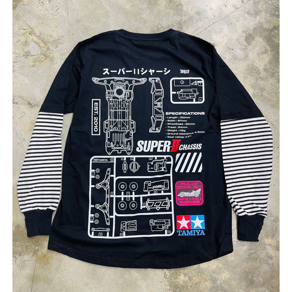 Longsleeve Tamiya Super-II Chasis Stripes Anime Kaos lengan panjang hitam Tamiya