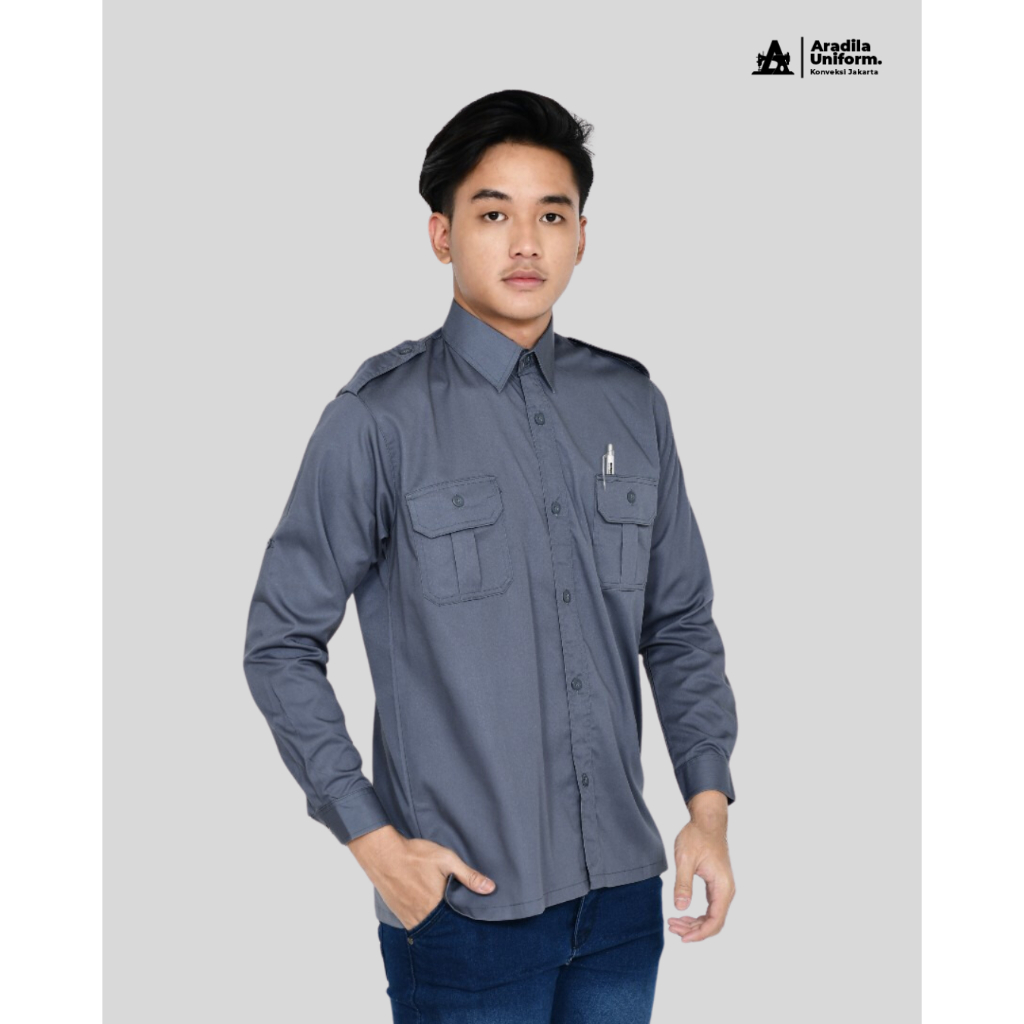 ARADILAUNIFORM Seragam PDL Abu Tua Pria Lengan Panjang/Baju Dinas ASN PDL/Kemeja Kantor PDL/PDL Cust