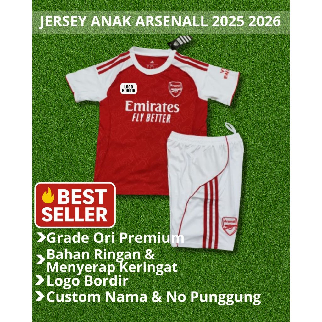Setelan Jersey Bola Anak Arsenal Home 2025 2026 Grade Ori Import Baju Bola Anak