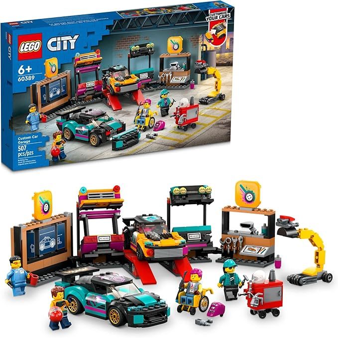 LEGO City 60389 Car Garage, Set Bangunan Garasi Mainan dengan 2 Mobil Kustom dan Aksesori Mobil, Mai