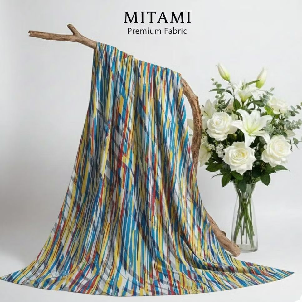 Ceruty Printing Premium Salur Pelangi Abstract | Kain Meteran Motif Garis Multi-Color Flowy (Harga P