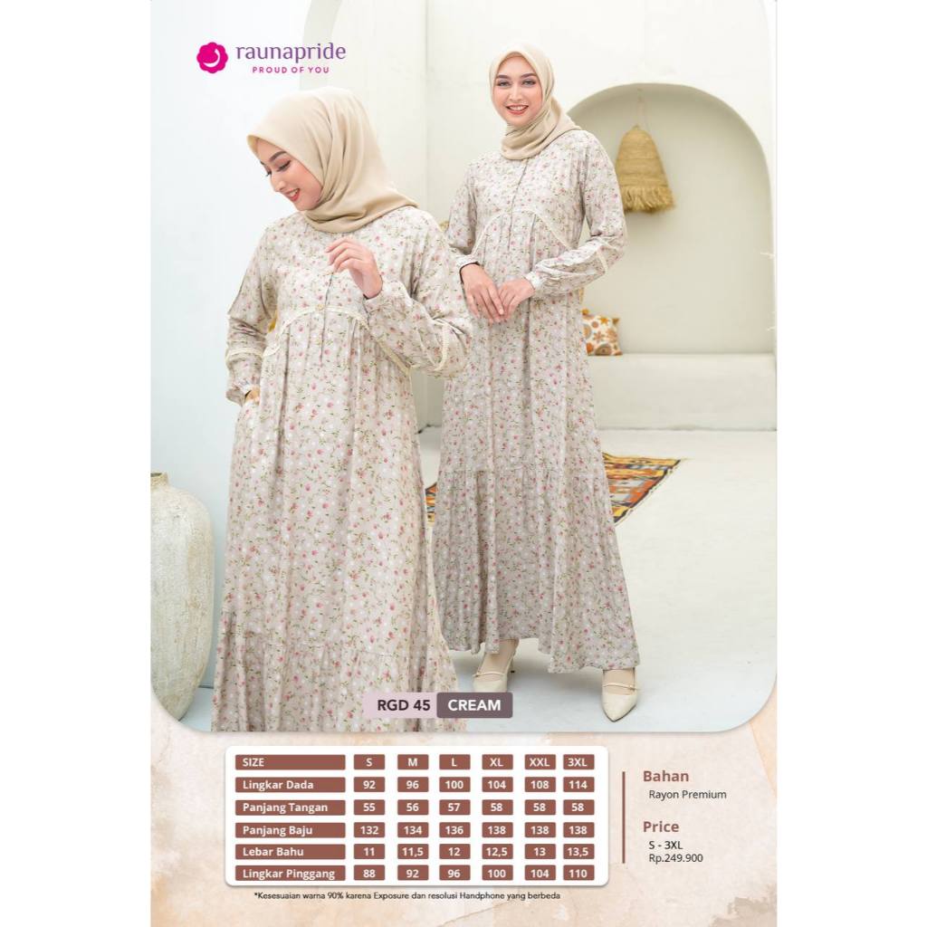 RAUNAPRIDE GAMIS DEWASA RGD 45 WARNA CREAM,DUSTY MOTIF KEMBANG