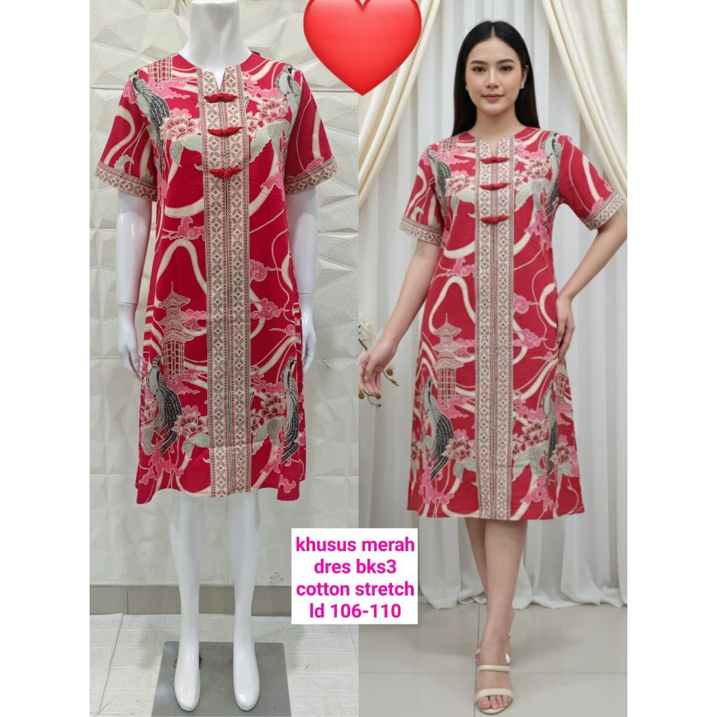 DRESS CHEONGSAM COTTON STRETCH / DRESS IMLEK / DRESS MERAH / BAJU IMLEK / BAJU MERAH