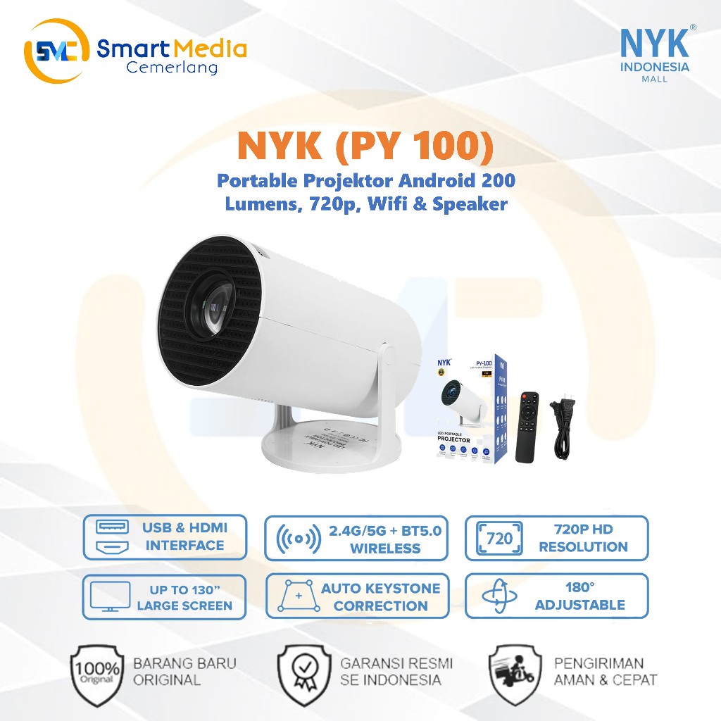 Projektor NYK PY100 Android 200 Lumens, 720 P, WiFi & Speakers