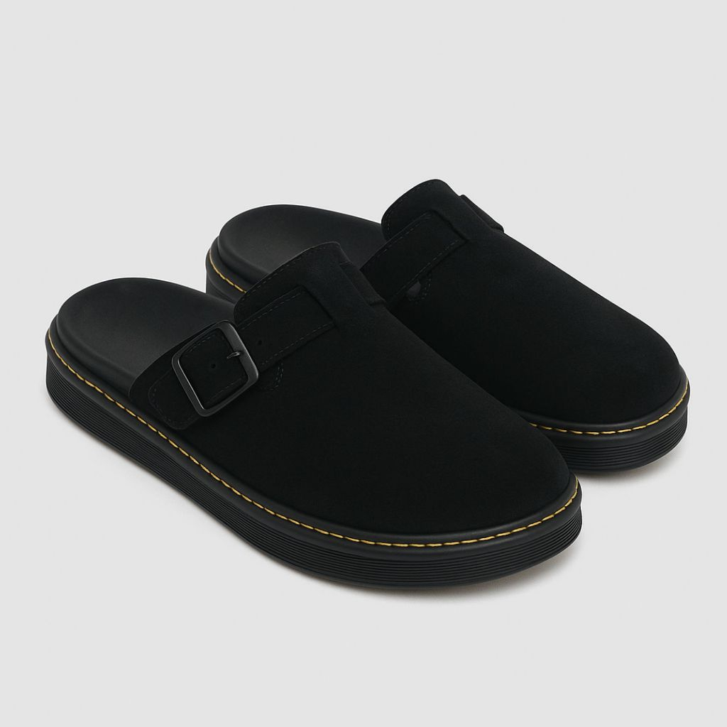 Navara Footwear - Sandal Suede Pria Full Black Sandal Mule Suede  NVR Debonaire 112