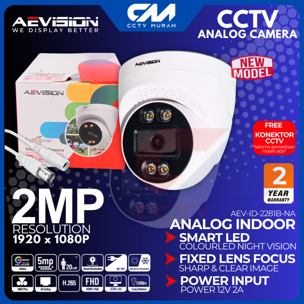 KAMERA CCTV AEVISION ANALOG 2MP INDOOR COLORVUE, RESOLUSI 1080 FULL HD, FULL COLOR SIANG & MALAM