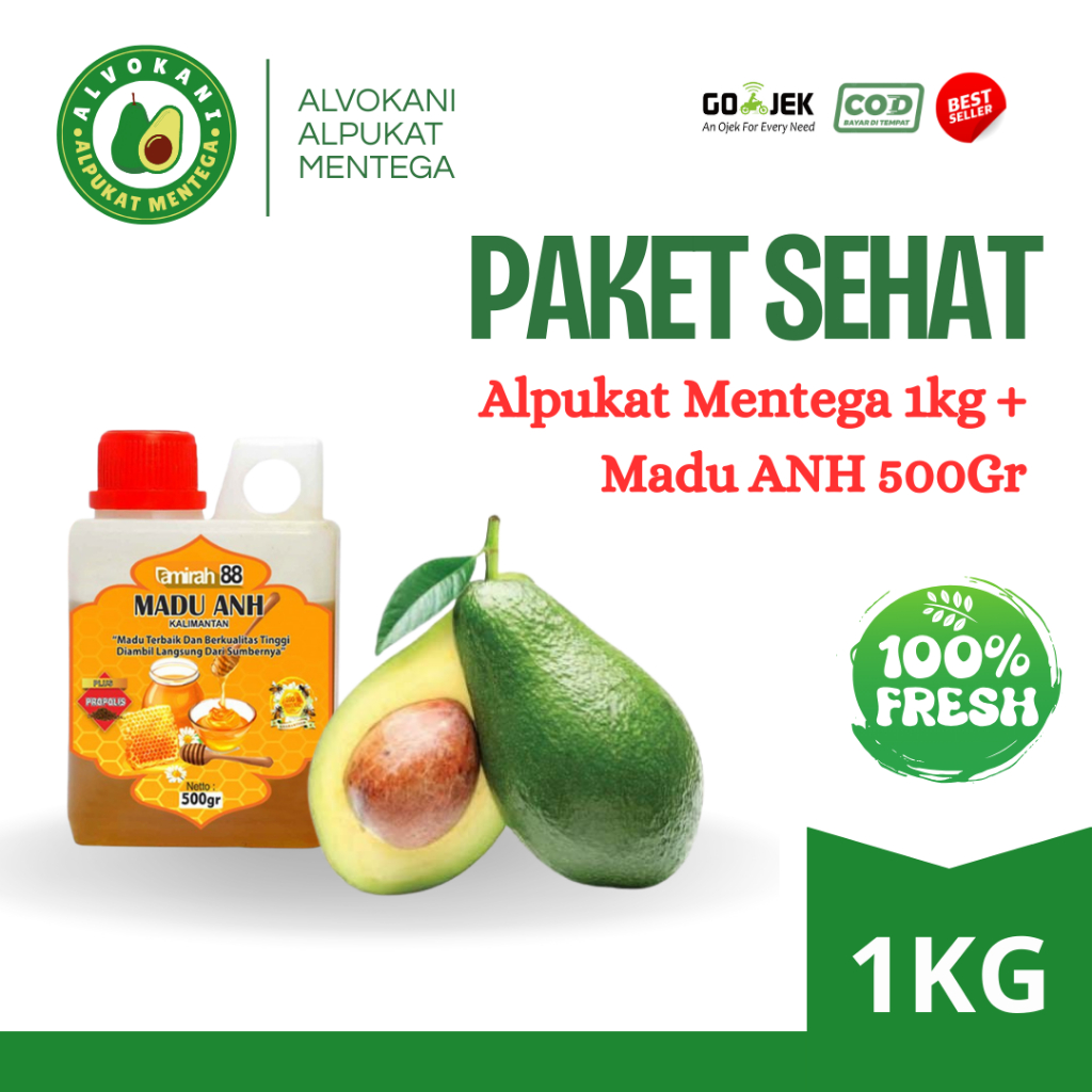 Paket Sehat Alpukat Mentega Super 1kg + Madu Murni ANH 500gr | Buah Segar & Madu Asli berkualitas