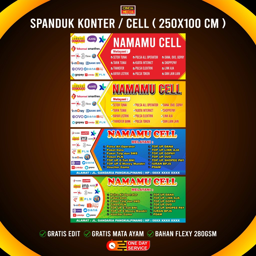 CETAK SPANDUK BANNER KONTER PULSA CELL TOKO HORIZONTAL UKURAN 2,5X1 METER