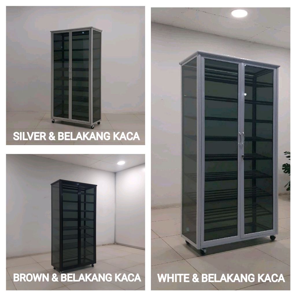 RAK SEPATU ALUMINIUM DAN KACA 9 SUSUN 80x38x158 CM WARNA SILVER COKLAT PUTIH KACA RIBEN PINTU KUNCI 