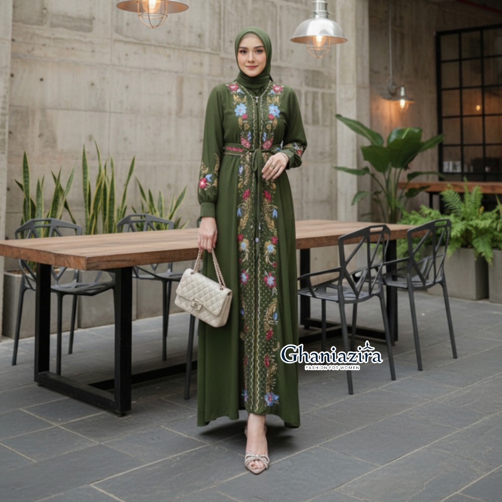 Ghaniazira - Gamis Set Hijab Mazaya Dress Pesta Wanita Mewah Elegan Bahan Ceruty Babydoll Bordir