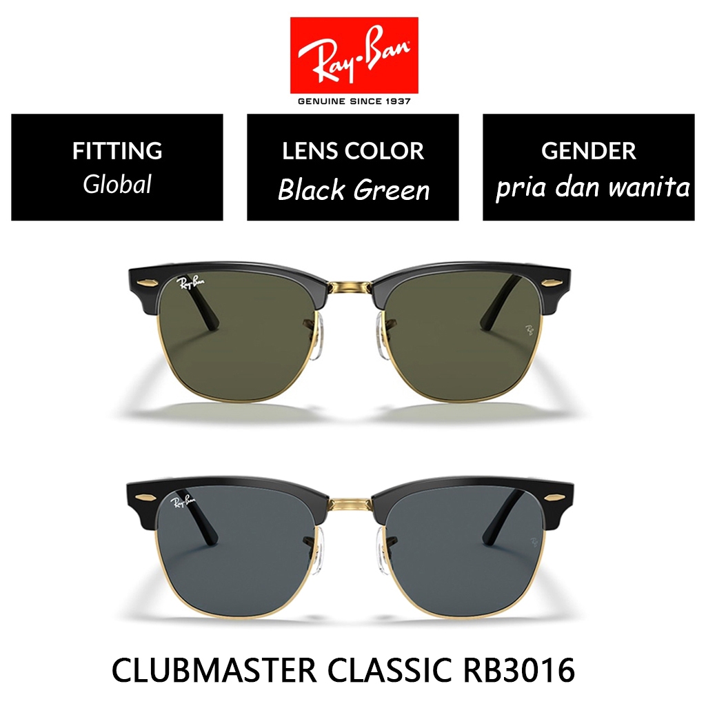 100% Original Kacamata Hitam Ray-Ban Clubmaster Asian Fit RB3016 Black Green Unisex Sunglasses