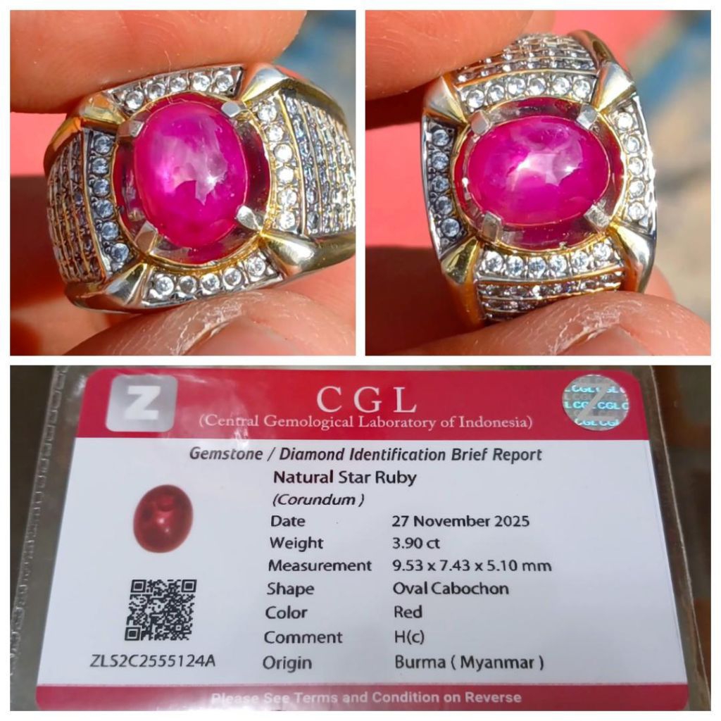 Natural Red Ruby Star Burma 3,9 crt CGL Lab