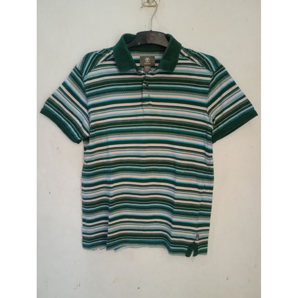 Kaos Katun Kerah Timberland Salur Hijau