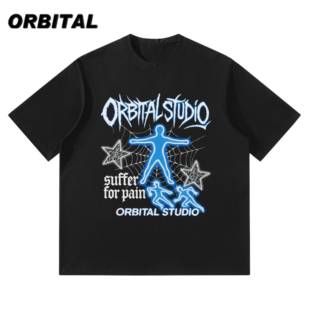 ORBITAL Kaos Graphic Hitam 230GSM — Blue Neon Figure & Star Oversize Unisex