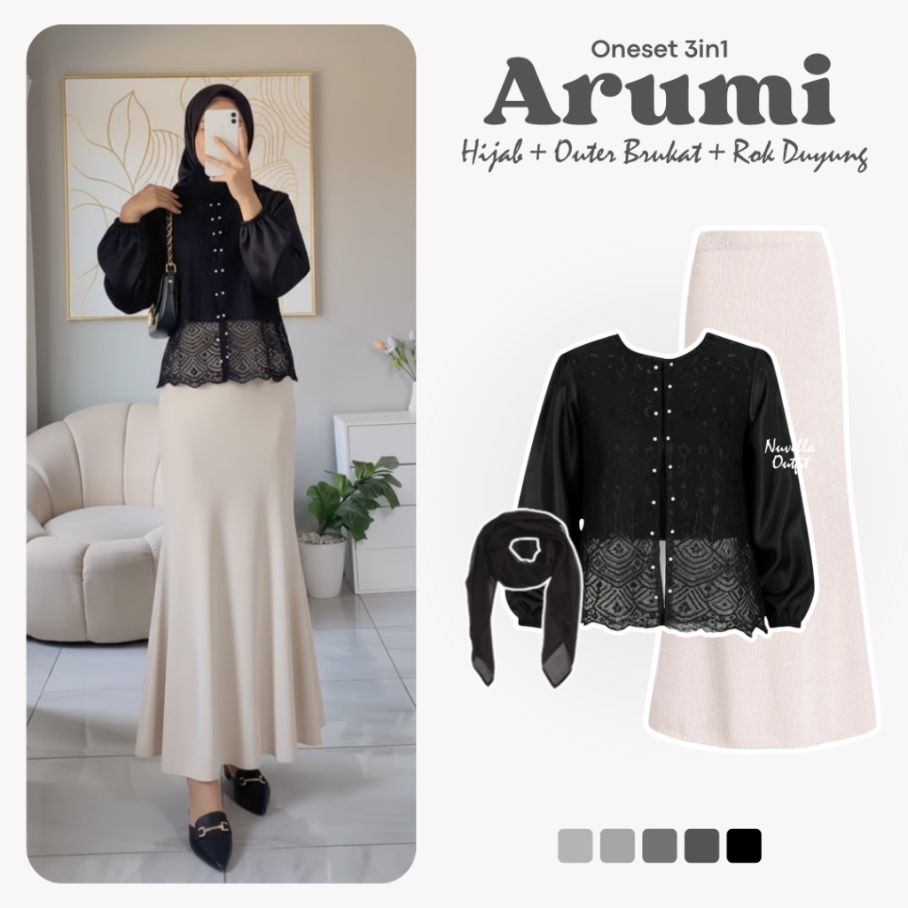 Arumi One Set Wanita 3in1 | Rok Duyung Scuba + Outer Brukat Premium + Hijab Bella Square | Setelan K