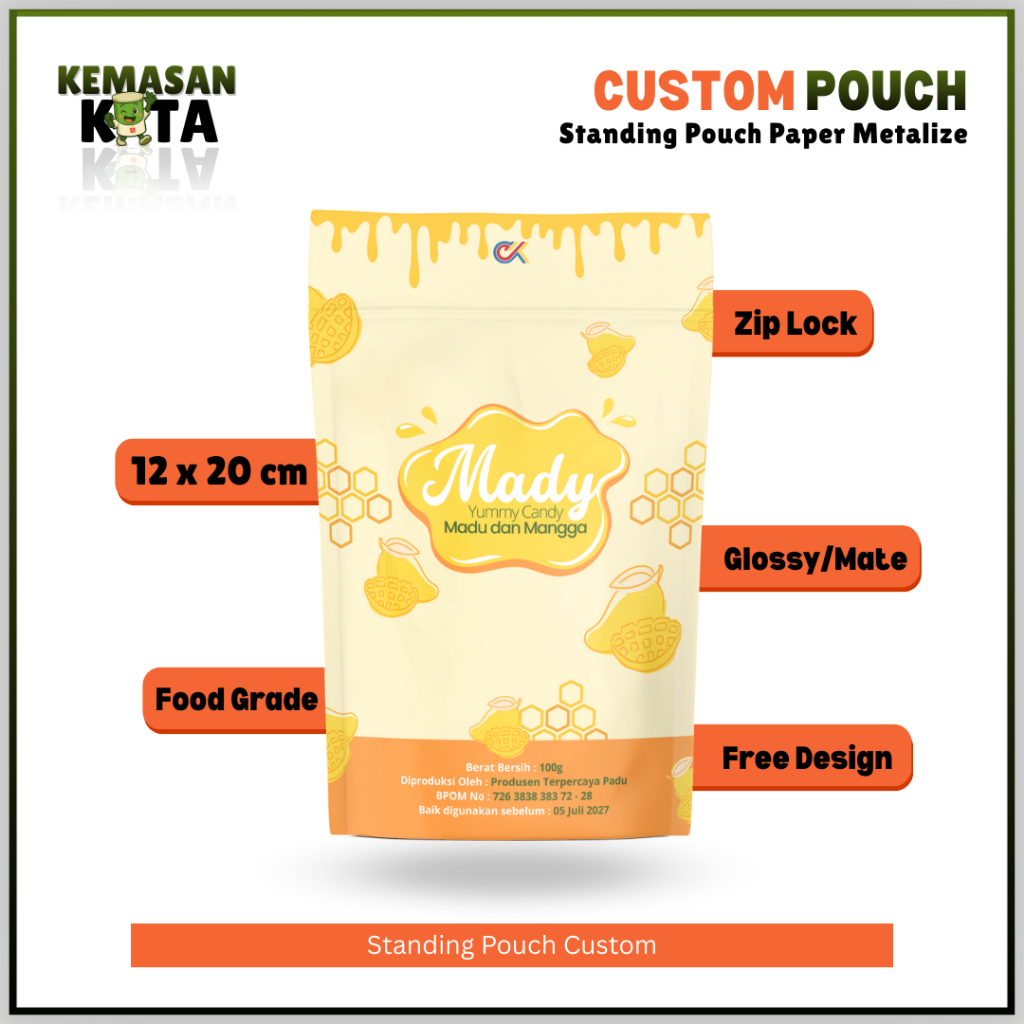Kemasan Standing Pouch Paper Metalize Custom Full Printing Ukuran 12x20cm FREE Design ZIPLOCK
