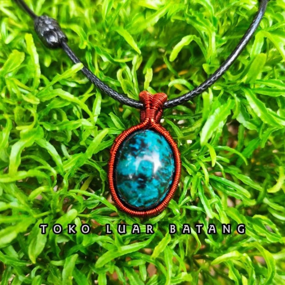 Kalung etnik Wire Wrapped batu akik Badar Besi Hijau natural 100% asli
