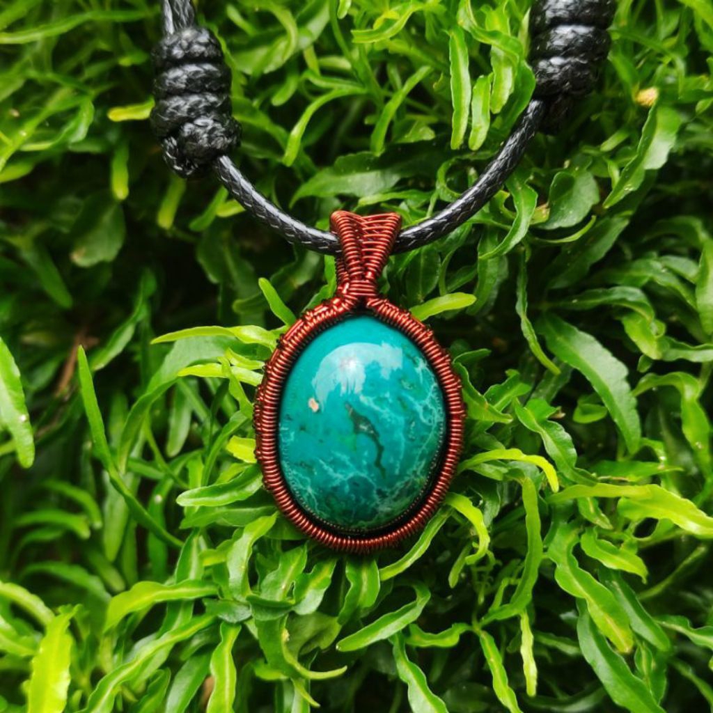 Kalung etnik Wire Wrapped batu akik Badar Pirus Garut natural 100% asli