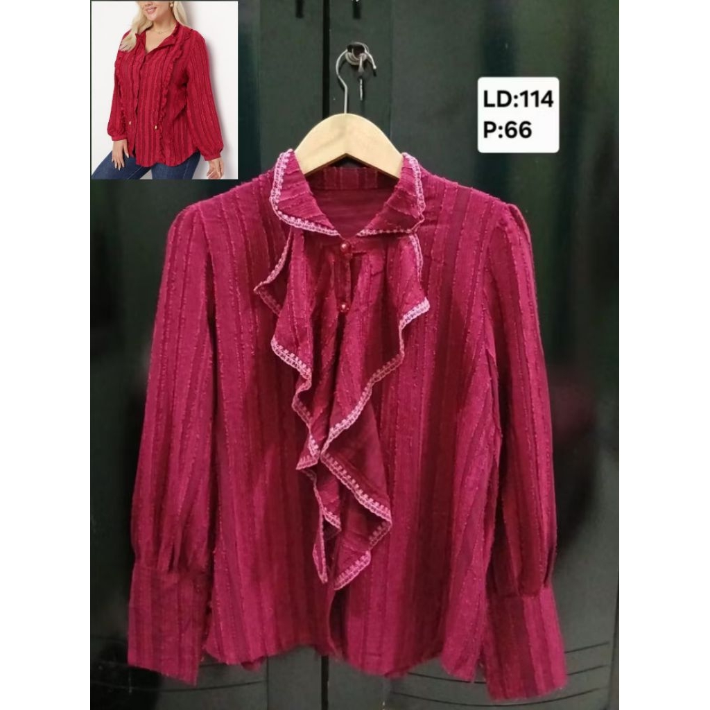 (COD)Atasan BKK/korean look kemeja ruffel mewah wanita warna merah maroon lengan innara