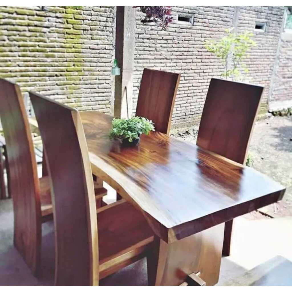 SET MEJA MAKAN TREMBESI | set meja makan kayu trembesi utuh blok | set meja cafe trembesi blok