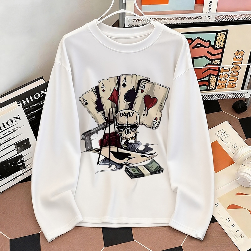 Baju kaos pria keren kartu poker tengkorak | Baju atasan lengan panjang streetwear | Kaos t shirt pr