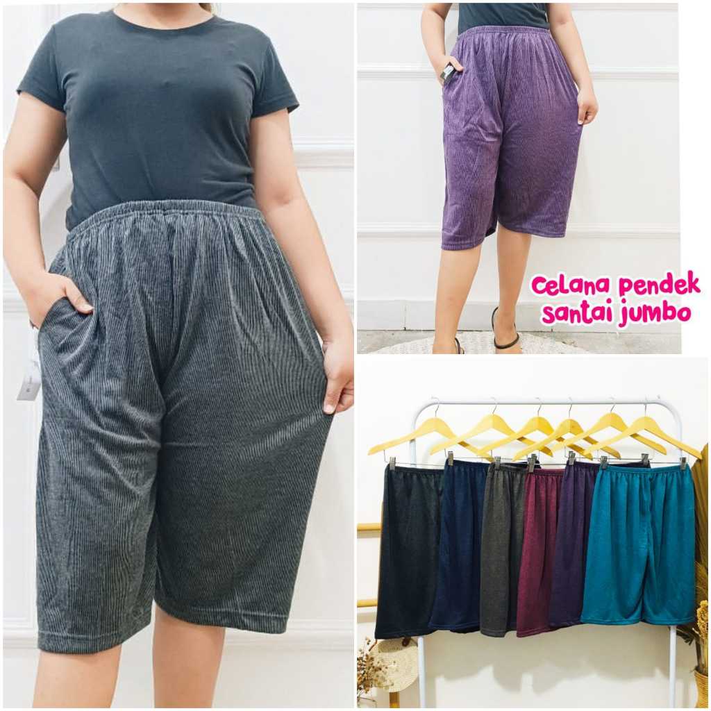 mamkids-celana pendek wanita muat jumbo celana kolor santai bahan kaos salur