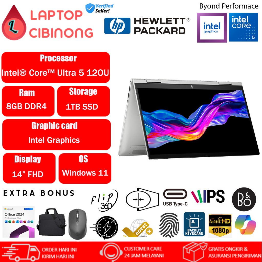 Laptop Touchscreen Flip Hp Envy X360 14 Intel Core 5 120U FHD IPS Windows 11 Office 2024 Silver