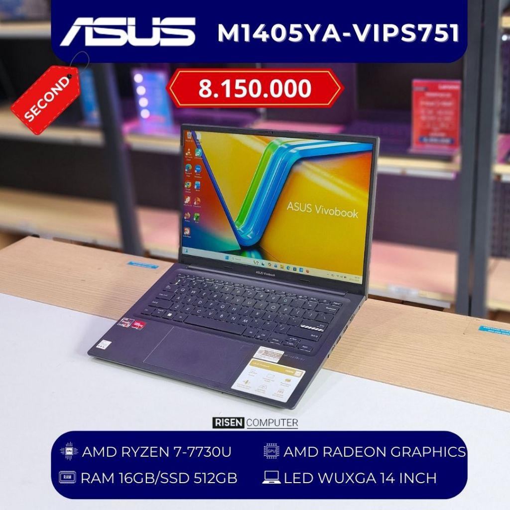 ASUS VIVOBOOK M1405YA-VIPS751 AMD RYZEN 7-7730U RAM 16GB SSD 512GB WUXGA 14inch Notebook Second Beka
