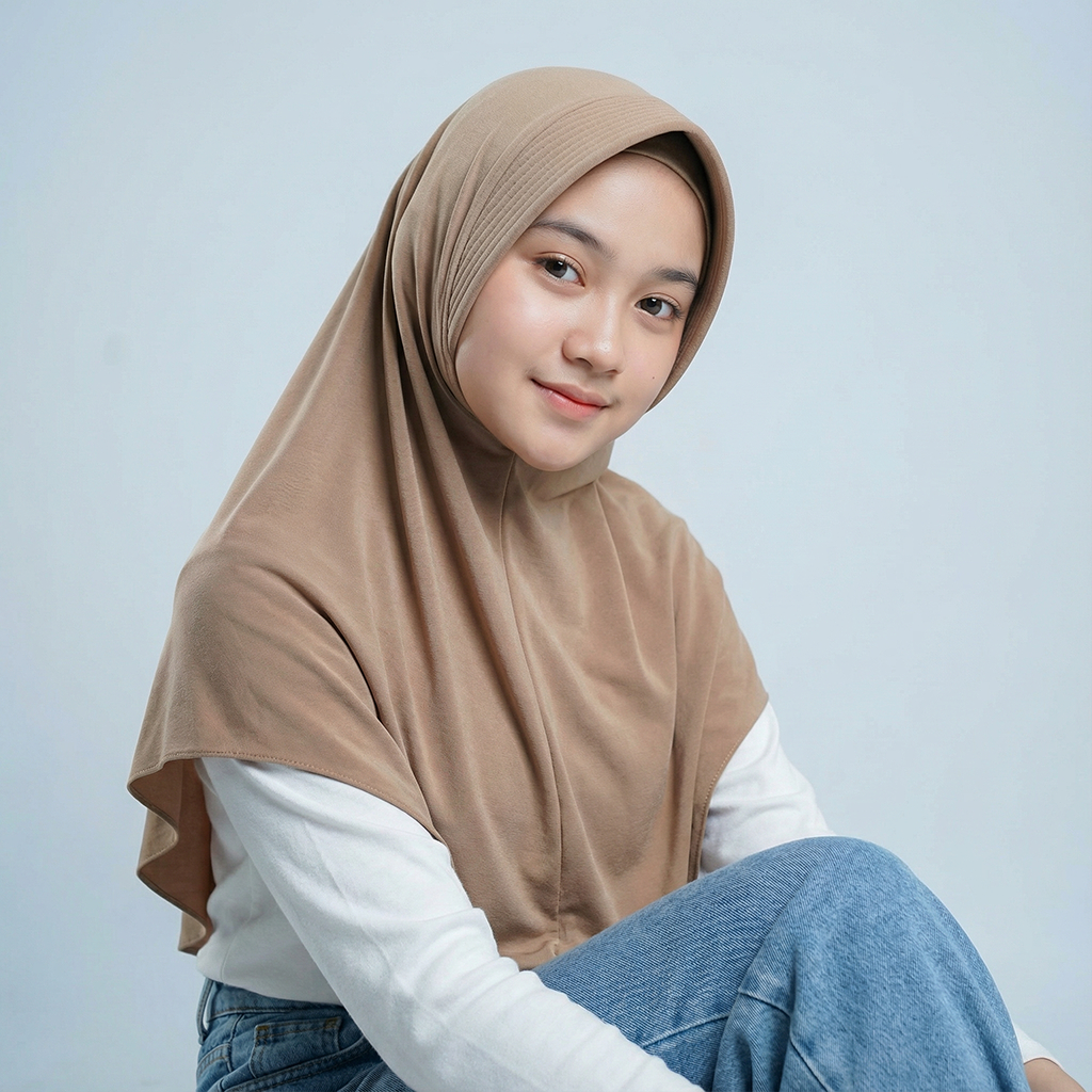 Khayla Hijab Instan Bergo Warna Khaki Syar'i Oval Pet Tebal Bahan Spandex Premium Size L
